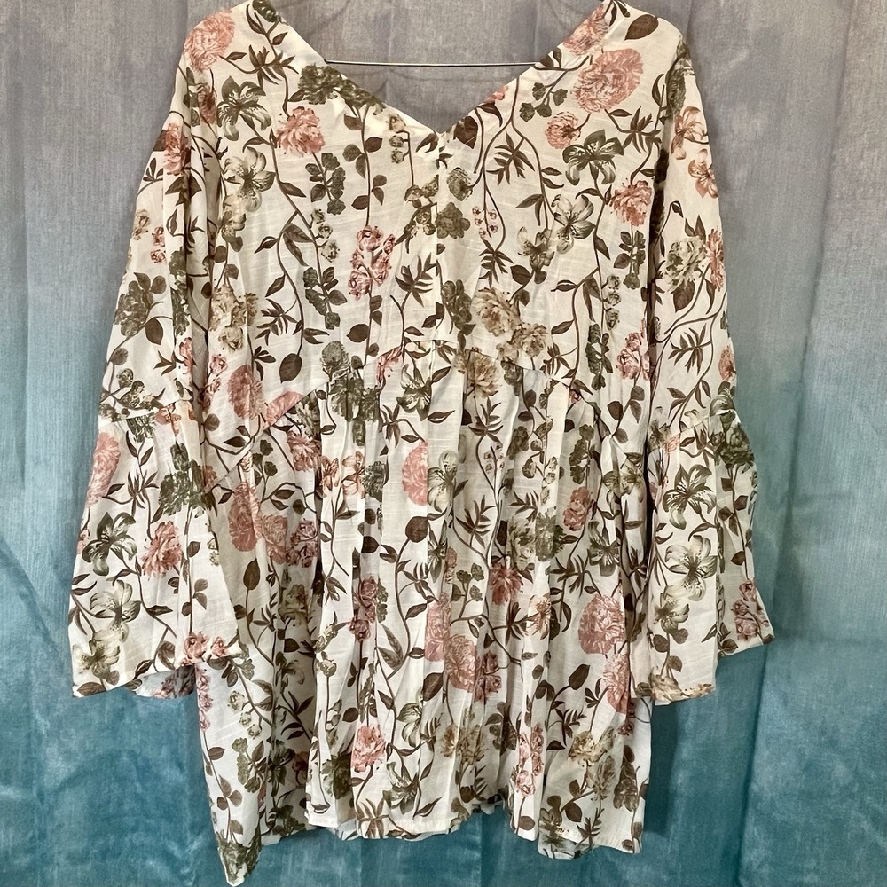 Cato XL Pink Floral Boho/Peasant Tie Up V Neck Babydoll Smocked Blouse Top Shirt - Picture 2 of 6